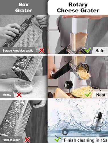 Image of Cheese Grater Rotary, Rotary Grater for Kitchen, Kitchen Grater Vegetable Slicer with 3 Drum Blades, Fast Cutting Cheese Shredder for Vegetables and Nuts