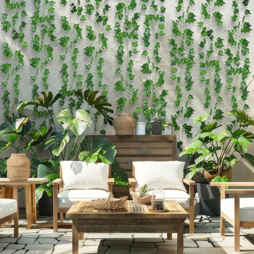 ADORAMOUR Künstliche Efeu Girlanden - 48er Pack, 210cm Länge - Gefälschte Reben für Zimmer und Garten Wand Dekoration für Innen Außen, Grüne Blätter Plastik, Hängende Pflanzen für Grünpflanzen Deko