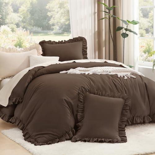 Image of Litanika Brown Twin Size Comforter Sets, 2 Pieces Ruffle Farmhouse Aesthetic Bedding Comforter Sets, All Season Soft Lightweight Fluffy Microfiber Bed Set(66x90In Comforter, 1 Pillowcase)