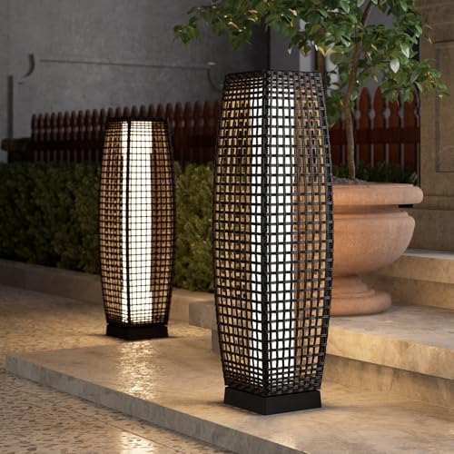 Grand patio Solar Outdoor Floor Lamp Solar Powered Lantern Water-Resistant Wicker Deck Light for Garden Porch Deck-Large Fuji 2 PCS, Dark Brown