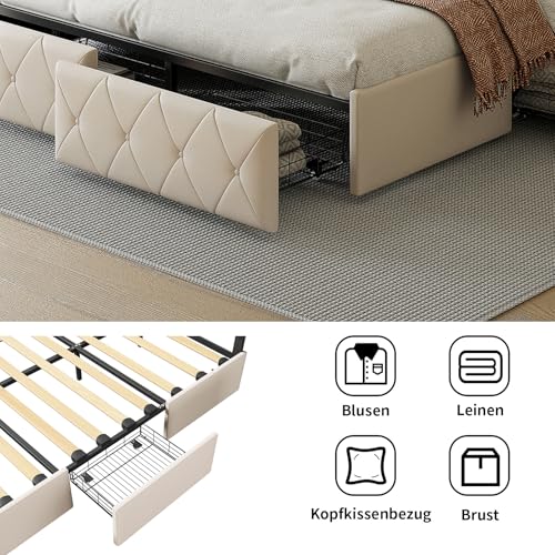 DULRLLY Bett 140x200 mit Stauraum, Polsterbett mit 4 Schubladen und LED-Kopfteil, Doppelbett Bettgestell mit Lattenrost, Jugendbett Funktionsbett Stauraumbetten Rückenlehne Bett, Beige(PU) – Bild 7