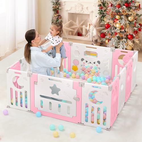 Baby Playpen, Dripex Baby Playard for Babies and Toddlers, 14-Panel Foldable Playpen Adjustable Portable Play Area, Indoor/Outdoor Kids Active Center with Game Panel & Safety Gate, Pink White