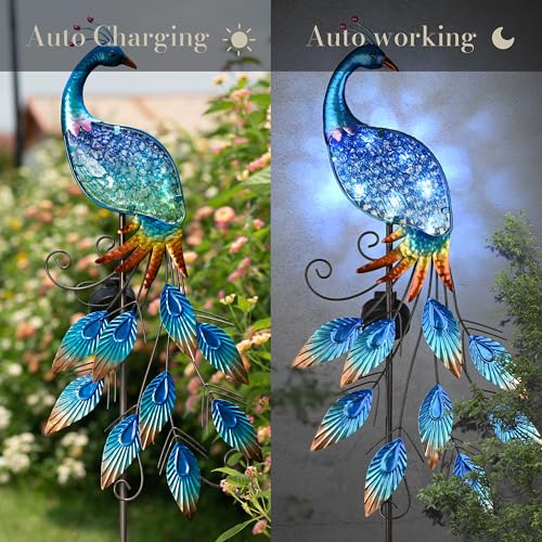 Teresa'S Collections Garden Decor Blue Peacock With Solar Outdoor Lights, 40 Inch Glass Yard Art For Outside thumb #4