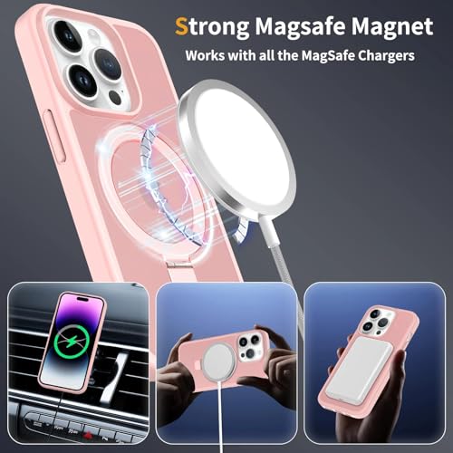 Image of Magnetic for iPhone 13 Pro Case & iPhone 14 Pro Case, 6.1 inch, Compatible with MagSafe, Rugged Kickstand, Not-Yellowing Military-Grade Protection, Matte Pink