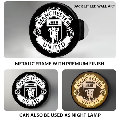 Image of PAINTINGMANTRA Manchester United Club Night Wall Lamp Painting with Premium Aluminium Metal Frame, Football Team Round Wall Painting with Warm White Night Lamp for Home & Office Decor (18x18 Inches)