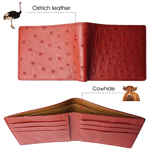 Image of HATA Red Ostrich Leather Bifold Wallet for Men, Double-Sided Ostrich Billfold with RFID Blocking, Handmade Leather Wallet Gift for Birthday, Anniversary, Father's Day VINAMOS-07