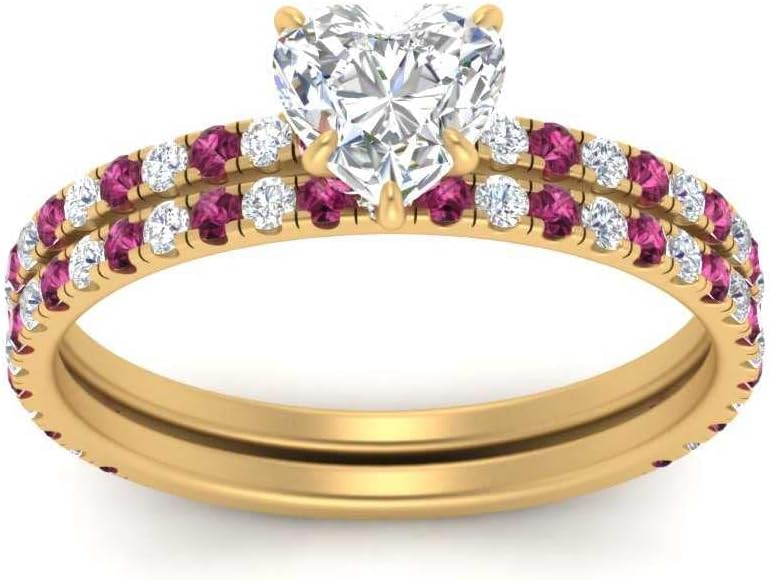 Choose Your Gemstone Three Quarter Diamond CZ Gallery Bridal Ring Yellow Gold Plated Heart Shape Wedding Ring Minimal Modern Design Birthday Wedding Gift US Size 4 to 12