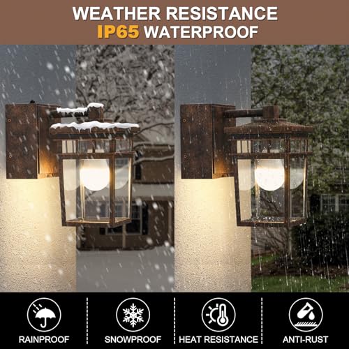 Image of Dusk to Dawn Outdoor Lighting, Porch Light with GFCI Outlet and LED Bulb | Exterior Wall Fixture with Clear Glass Shade, Waterproof Outside Lights for House Garage Front Door, Antique Bronze