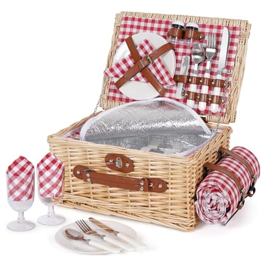 HappyPicnic Picnic Basket Set for 2 - Wicker Picnic Basket with Waterproof Blanket & Insulated Liner, Large Handmade Willow Hamper with Cutlery Kit for Outdoor, Picnic, Camping, Party, Holidays (Red)