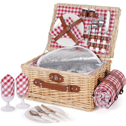 HappyPicnic Picnic Basket Set for 2 - Wicker Picnic Basket with Waterproof Blanket & Insulated...