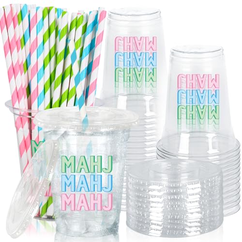 JarThenaAMCS 50Pcs Mahjong Plastic Cups with Lids Straws Drinking Cup 12oz Green Blue Pink Mahj Disposable Cups for Game Night Birthday Party