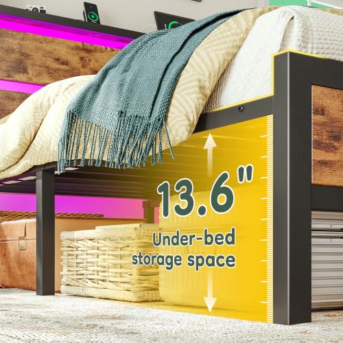 Image of Homkdom Twin Metal Bed Frame with LED Storage Headboard & USB Outlets Brown | Underbed Storage for Saving Space, Noise-Free Quiet Sleep Setup for Teens Room, College Dorms & Small Studio Apartments