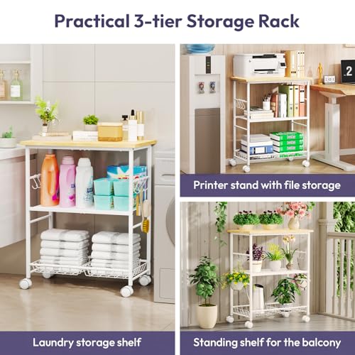 SWTYMIKI Rolling Kitchen Microwave Cart - 3 Tier Microwave Table Stand with Storage Basket and Hooks, Kitchen Utility Cart on Wheels, Coffee Cart Shelf Rack Organizer for Living Room Office, Balcony by SWTYMIKI - Image 6