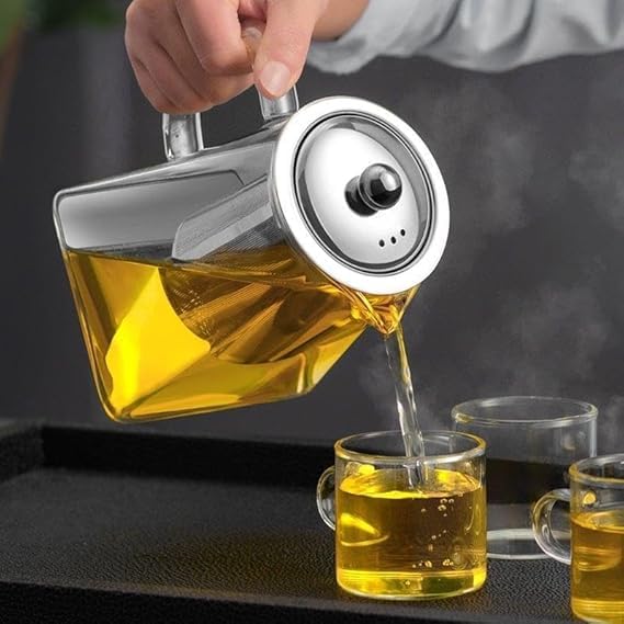 Image of Borosilicate Glass stovetop Kettle with Stainless Steel Infuser teapot to Infuse Tea Coffee Black Tea harbal kadha Tea Pot for Making Green Tea (Square Teapot 550ML)