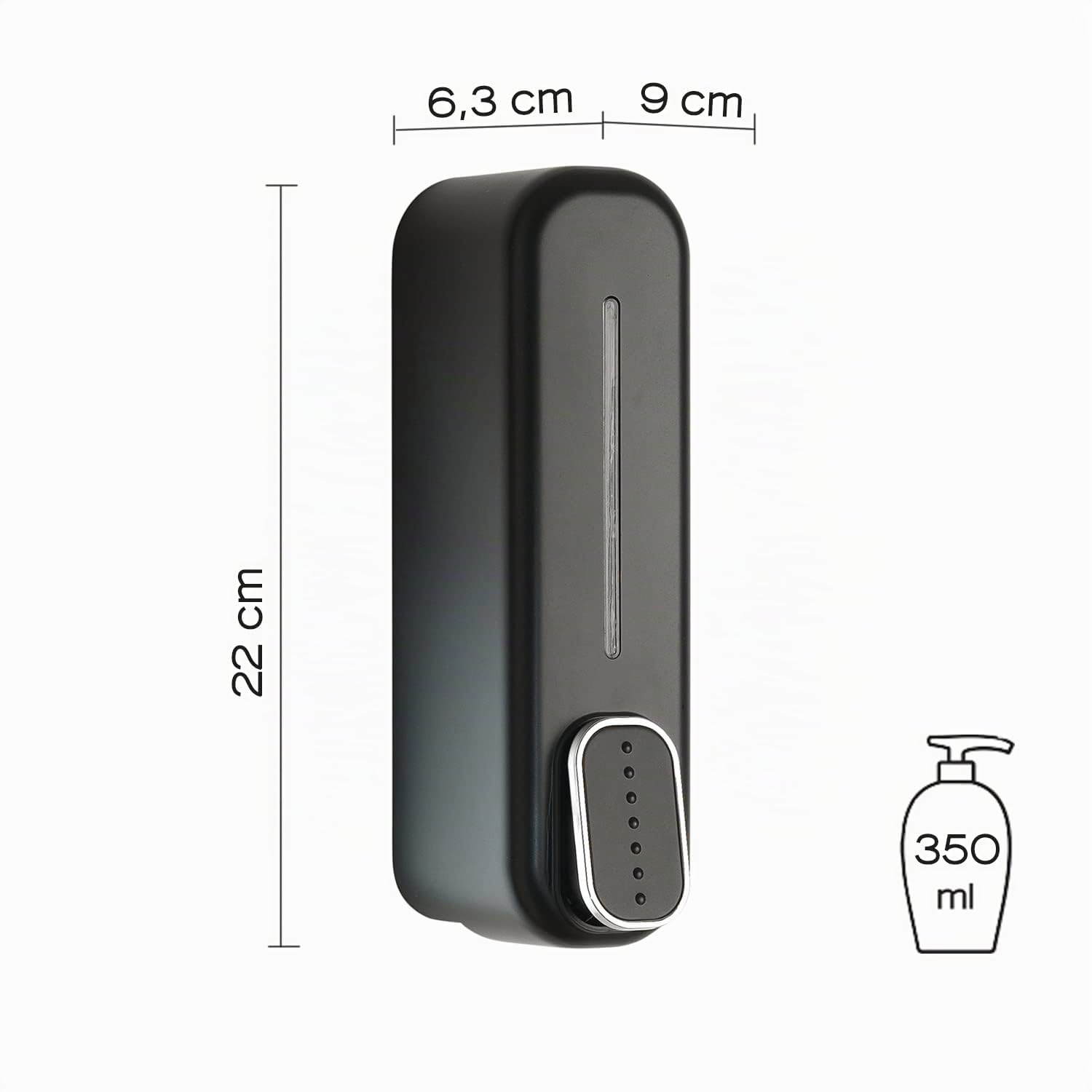 GEDY | Mullet Distributeur de Savon et Gel désinfectant 350 ML, Couleur Noire, Dimensions 22 x 6,3 x 9 cm et Poids 0,205 kg