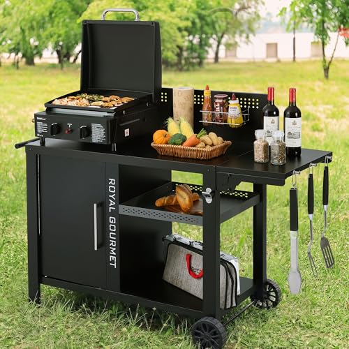 Image of PC4001B 3-Tier Prep & Work Table with Middle Shelf Black | Bottom Shelf, Side Shelf with Hooks, Storage Cabinet, Bottle Opener, Side Handle, 2 Wheels for Easy Mobility,