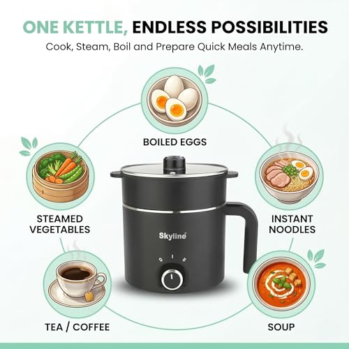 Image of Skyline Multi-Purpose Electric Kettle with Steamer and Egg Boiler, 1.5L, 600W, Temperature Control, VTL-9091 (Black)