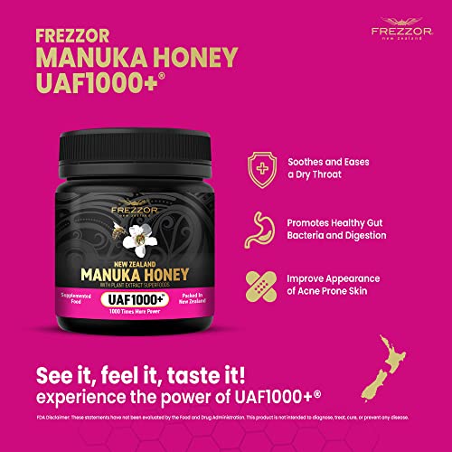 Frezzor Premium 100% Raw New Zealand Manuka Honey With Uaf1000+ Super Antioxidant, 30% More Bioactive, Best Support For Everyday Wellness, Antioxidant Superfood, 1 Jar (8.8Oz/250G) #TOP6
