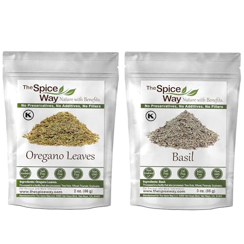 The Spice Way Bundle Includes Oregano Leaves - 2oz & Basil Leaves - 3oz - Resealable Bag