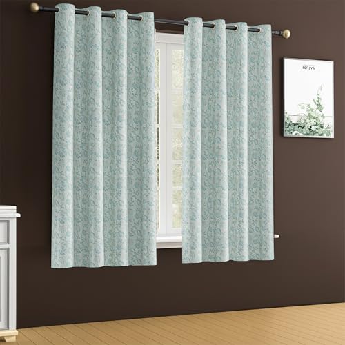 Image of Yellow Weaves 2 Pcs Jacquard Botanical Eyelet Window Curtain - Perfect for Home, Office, Bedroom, Living Room & Balcony - 5 Feet (Sky Blue)