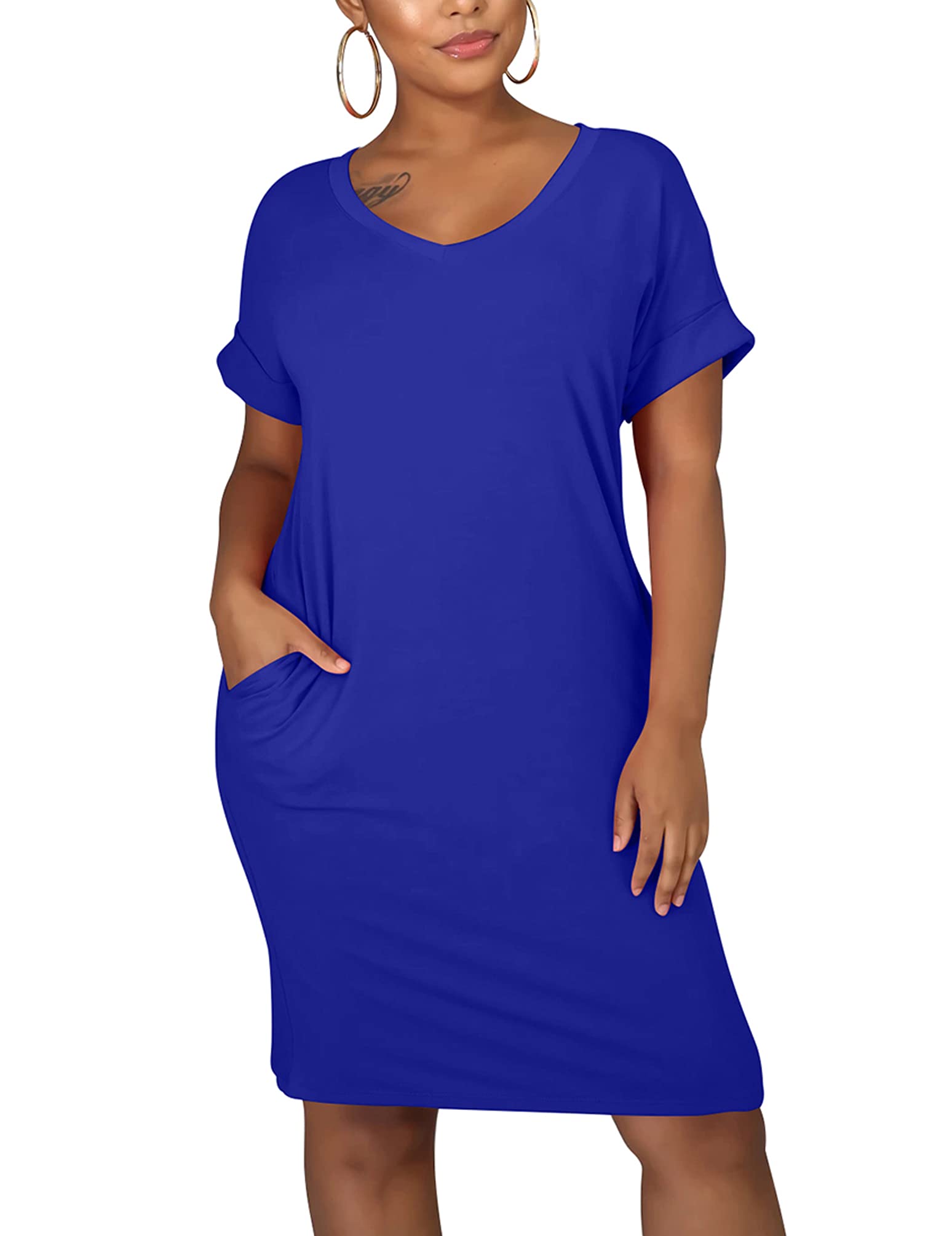 cailami Women's Summer V Neck Short Sleeve Midi Tshirt Dresses Casual Tunic Dress with Pockets