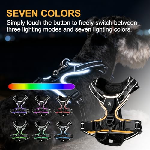 Hundegeschirr Leuchtend, LED Hundegeschirr Aufladbar mit Griff, Leuchtgeschirr LED Verstellbar, 7 Farben Leucht Brustgeschirr Anti Zug Atmungsaktivität & Komfort für Hunden 7.5-17.5kg(Schwarz, M)