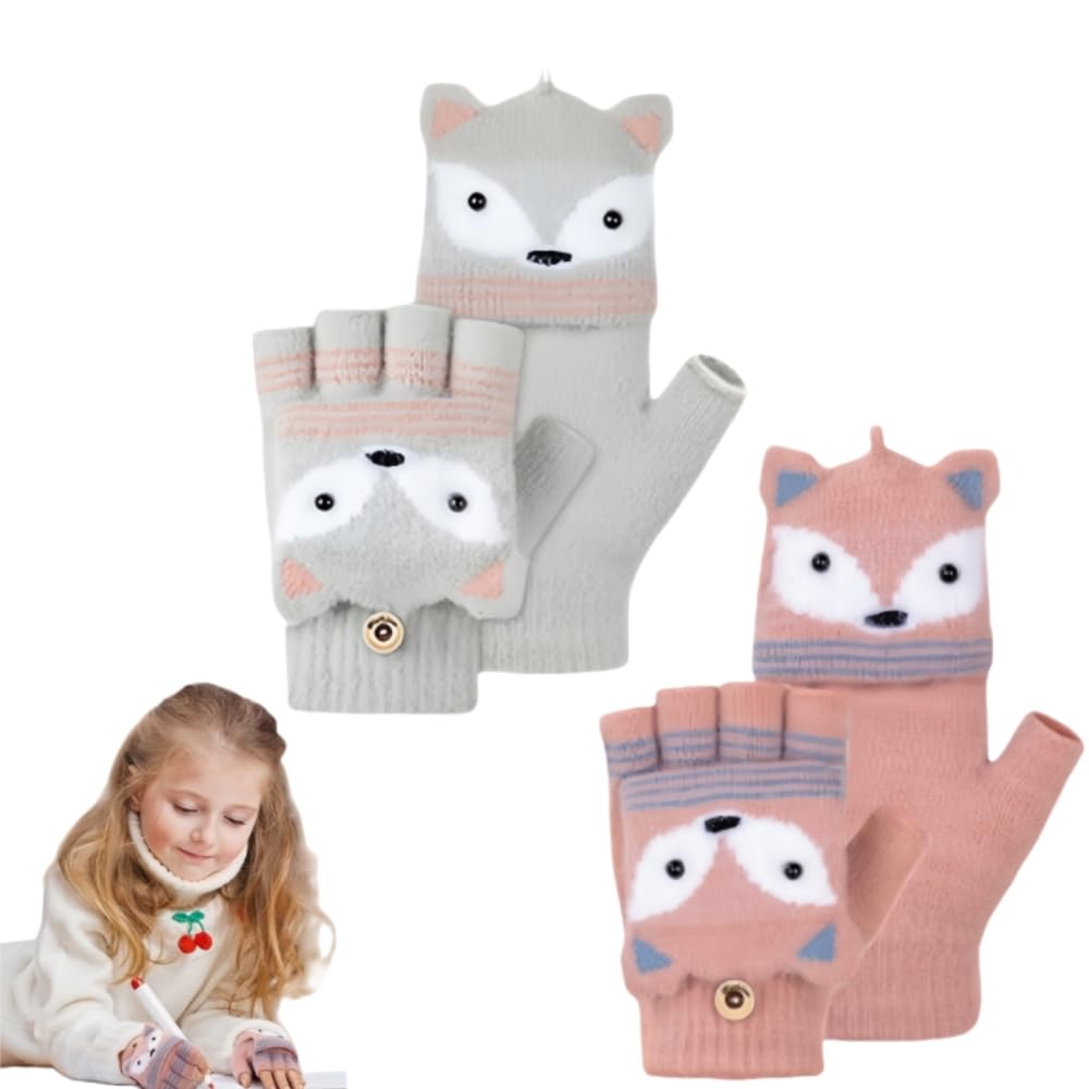 SDXCJY 2 Pairs Kids Cartoon Fingerless Gloves, Convertible Flip Top Half Finger Mittens Winter Stretchy Warm Knit Gloves, Christmas Gifts for Boys Girls. (Pink,Grey)