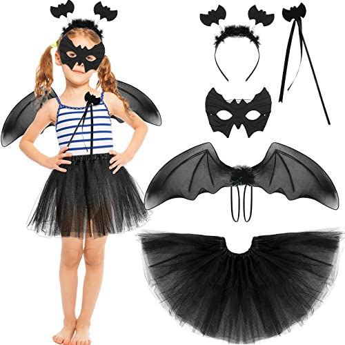 Jiuguva 5 Pcs Halloween Bat Costume Set Wings Tutu Skirt Wand Bat Eye Mask Headband For Kids Girls Dress Up Cosplay Costume Accessories #TOP28