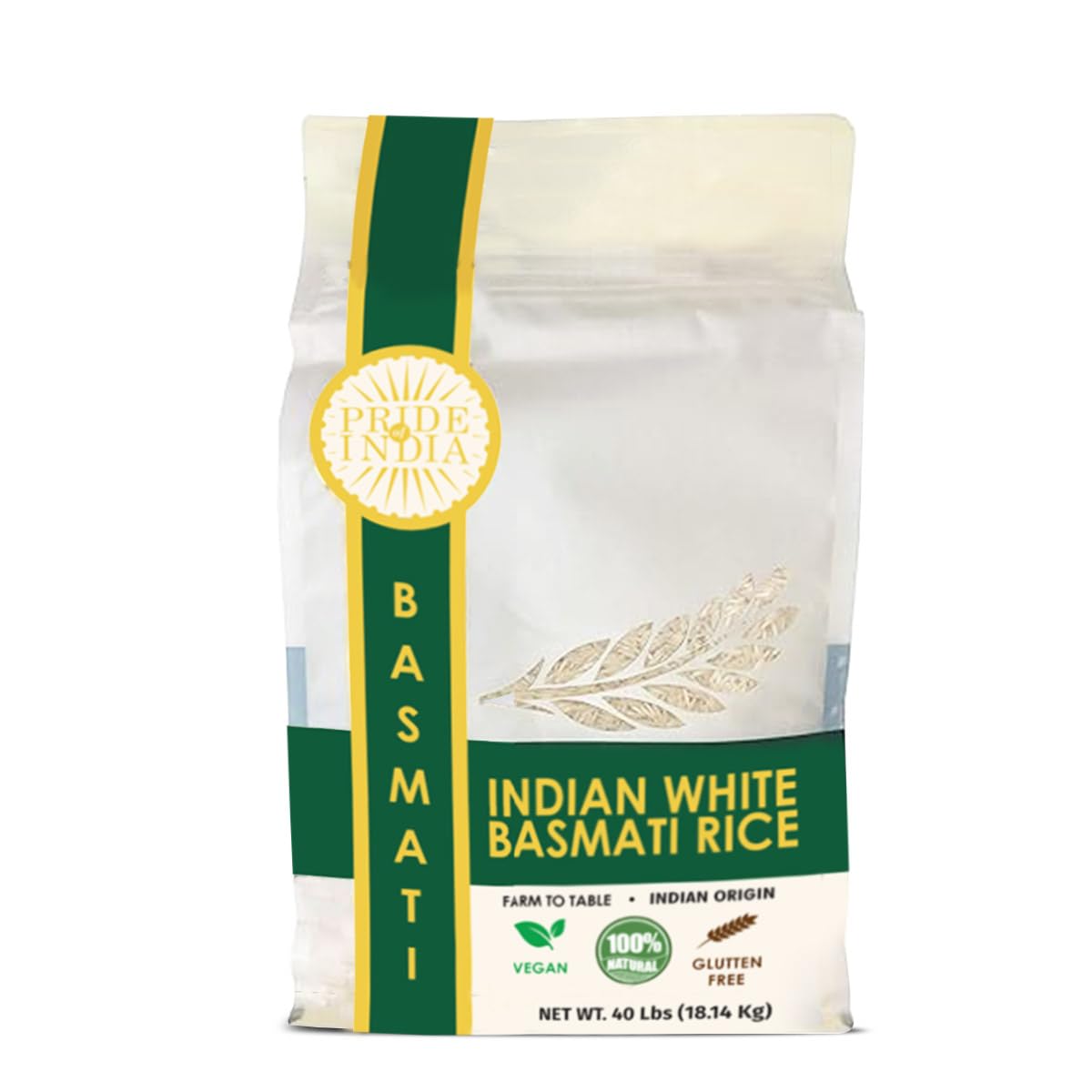 Pride Of IndiaExtra Long Indian Premium White Basmati Rice, 40 Pound (18.14 Kilo) Non Woven Cloth Bag - Naturally Aromatic, Aged, Flavorful, Slender, Non Sticky Grains - 400+ Servings