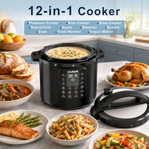 Image of 8Qt Electric Pressure Cooker 12-in-1, 1200W Stainless Steel Multi-Cooker, Slow Cook, Rice Cook, Steamer, Saute, Yogurt Maker, Warmer & Sterilizer, Safer Venting Design with Recipe Book, Black