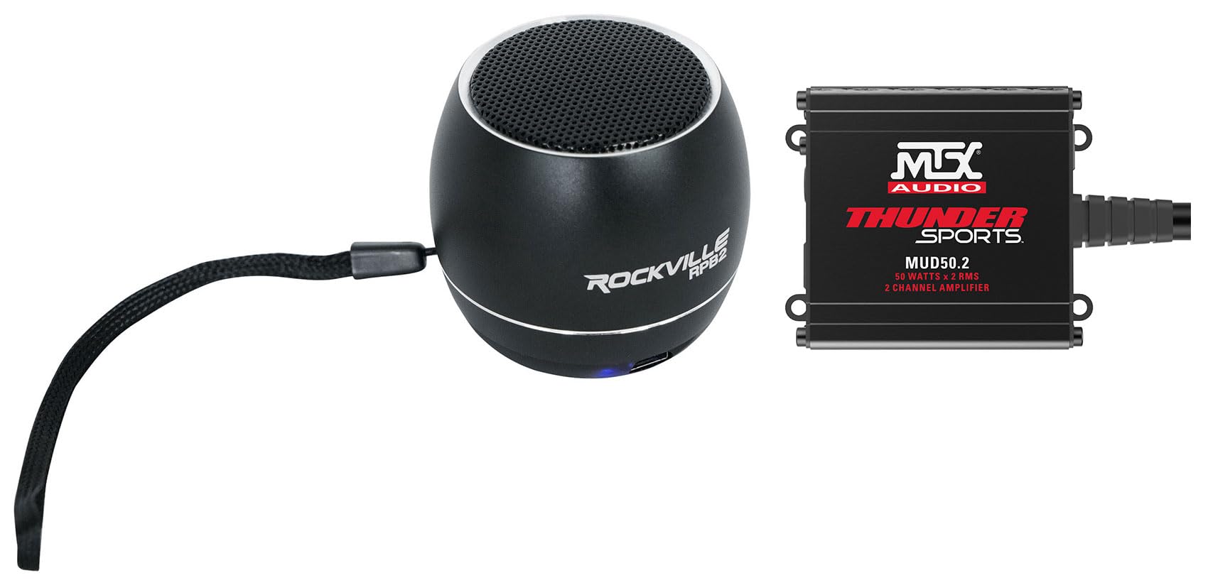 Audiosavings Bundle: (1) MTX MUD50.2 100 Watt RMS 2-Channel Amplifier Amp For Polaris RZR/ATV/UTV/Cart Bundle with (1) Rockville RPB2-BLACK Handheld Wireless Portable Bluetooth Speaker Sound (Items 2)