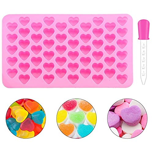 BREEZO Heart Silicone Chocolate Mold + Dropper, 55-Cavity Heart Shape Non-Stick Jelly Candy Gummy Molds DIY Wax Melt Moulds Ice Cube Molds Baking Accessoire for Valentine's Day Cake Decoration