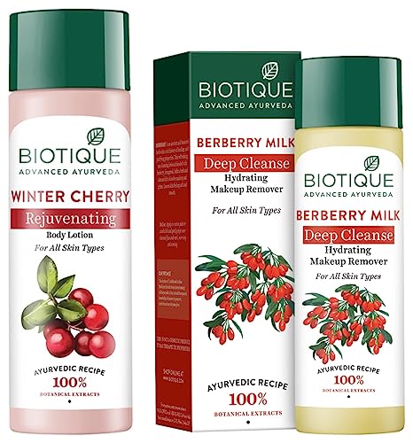 Image of Biotique Bio Berberry Hydrating Cleanser For All Skin Types, 120Ml and Biotique Bio Wintercherry Lightening And Rejuvenating Body Nourisher, 190ml