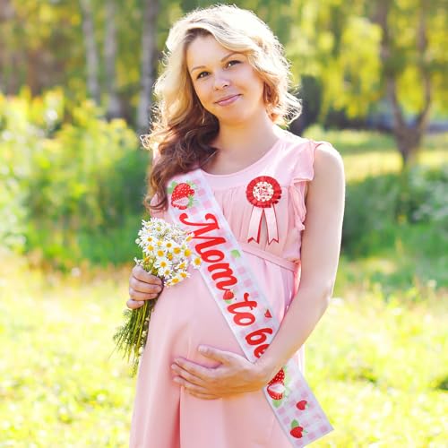 Image of Strawberry Baby Shower Decorations - 3 Pcs Berry Sweet is on The Way Mom and Dad to Be Sash Badge Pins Sets for Girl Pink Gender Reveal Party Maternity Corsage Belly Belt Keepsake Supplies