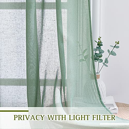 NICETOWN Linen Sheer Curtains Flax Textured for Living Room, Grommet Semi Sheer Vertical Drapes Privacy with Light Filter for Home Office/Farm House, W52 x L84, Olive Green, 1 Pair