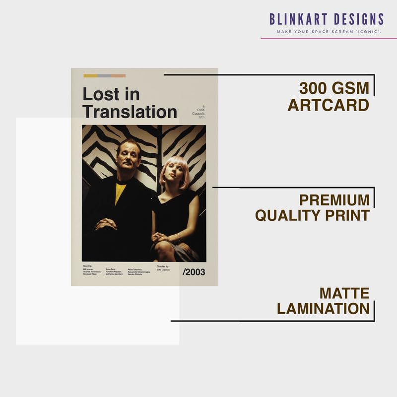 Image of BLINKART Lost In Translation Movie Poster Frame 8x12 Inch | Premium 300 GSM Paper Wall Print | Mid Century Vintage Film Artwork for Home, Bedroom, Living Room, Office | Framed Photo Decor