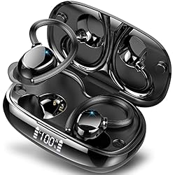 Auriculares Inalambricos Gancho Oreja Auriculares Inalambricos Deportivos, Auriculares Bluetooth 5.3 con HD Mic, 48Hrs de Reproducción,Carga Rápida USB-C, Pantalla LED, IP7 Impermeable Cascos Inalambricos con Gancho de la Oreja(Negro)