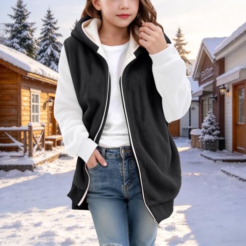Girls Long Fleece Vest Warm Zip Up Hooded Neck Sharpa Sleeveless Jackets - image 2