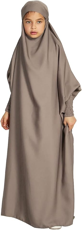 IBTOM CASTLE Girls Muslim Prayer Dress Long Sleeve Full Cover One Piece Hijab for Kids Kaftan Dubai Islamic Abaya Modest Robe