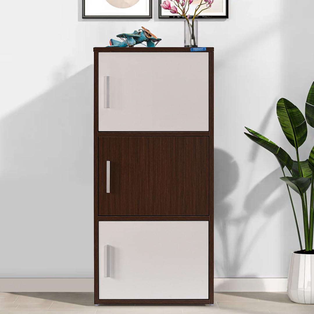Nilkamal Sear 3 Tier Engineered Wood Free Standing Book Shelf Cabinet with Close Shelf | Legno Oak/Frosty White
