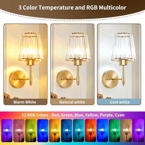 Image of Battery Operated Wall Sconce Set of 2, Rechargeable Wireless Wall Lights with 5200mAh Dimmable Bulbs and Remote,15 Colors Wireless Wall Lamps for Bedroom Living Room Hallway Decor-Clear Gold