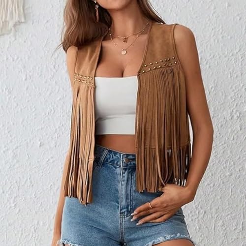 Women's Fringe Cropped Cowgirl Vest Vintage Faux Suede Open Front Western Jackets 70s Hippie Vest Disco Outfits4