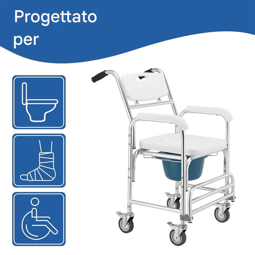 BAKAJI Sedia a Rotelle Impermeabile con WC e Coperchio Rimovibile, Seduta Ergonomica Comodo con Toilette Inclusa, Struttura Resistente, 4 Ruote Piroettanti e Maniglie Ergonomiche, 55 x 70 x 96 cm