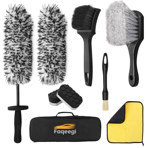 Faqeegi 9PCS Professional Wheel Detailing Kit - Microfiber Flat Rim Brush w/Removable Cover Boar Hair Detail Brush Cleaning Pads Towel & Storage Bag | Scratch-Free for All Vehicles
