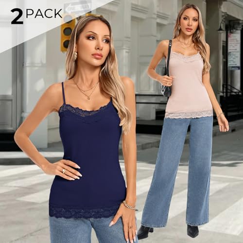 Image of Kate Kasin Women's Adjustable Spaghetti Strap Lace Trim Cami Tunic Tank Top 2PACK