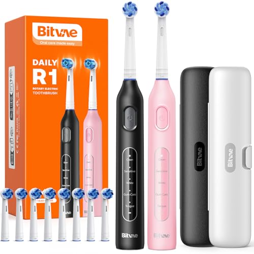 Bitvae Rotating Electric Toothbrush 2 Packs for Adults and Kids with Travel Case, Gifts for Men/Women, 5 Modes Rechargeable Power Toothbrush with 8 Brush Heads, Black & Pink, R1