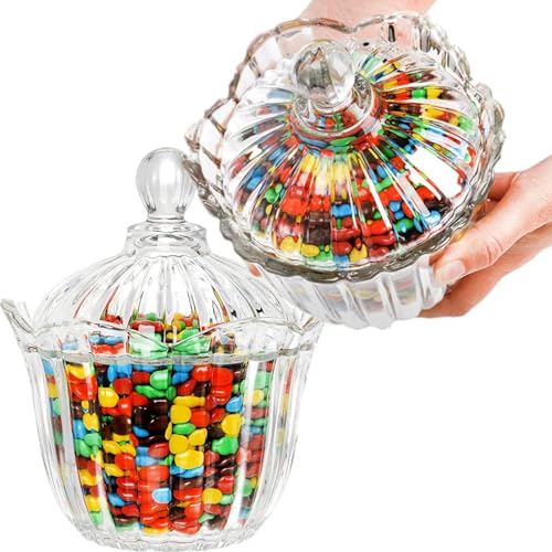 Image of WRINGO premium Glass Candy Dish with Lid, Crystal Candy Jar, Cookie Jar, Decorative Candy Bowl, Jewelry Dish, Covered Candy Jars for Buffet, Kitchen, Home, Office Desk (Set of 1) (Spiral - 03)