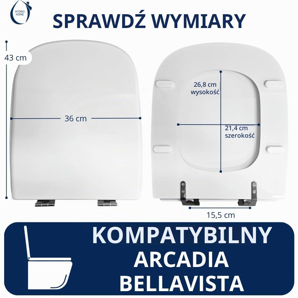 Deska sedesowa kompatybilna z Arcadia Bellavista z pochylonymi zawiasami, deska sedesowa z powłoką z żywicy poliestrowej, biała, błyszcząca, mocowanie, od góry | Hydro Home