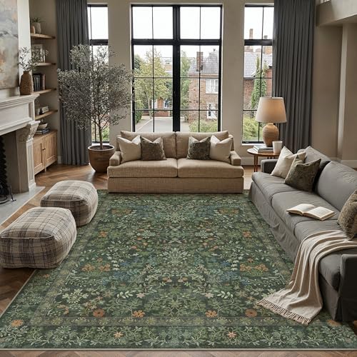 8x10 Dark Green Area Rug for Living Room Bedroom Washable Vintage Floral Carpet Low Pile Non Slip Botanical Aesthetic Large Dining Room Soft Accent Throw Rug Nursery Office Indoor 8' x 10' (