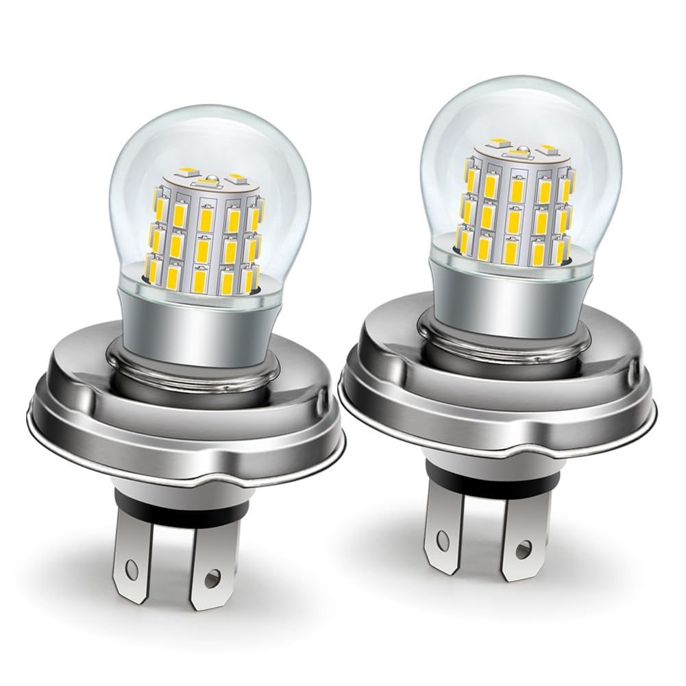 Ruiandsion Ampoule LED P45T H5 R2, 4300K Blanc Chaud 39SMD 3014 1000LM, Non Polaire Feu Route & Croisement 2 en 1, 10-30V Phare Moto VTT Scooter, Lot de 2